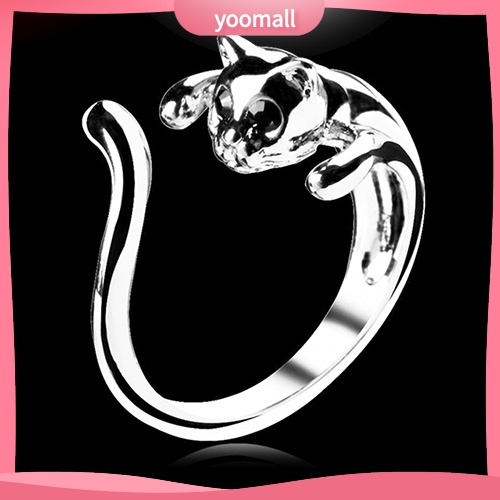 Nhẫn Hở Mạ Bạc Hình Mèo Đính Đá Mắt Mèo Dễ Thương