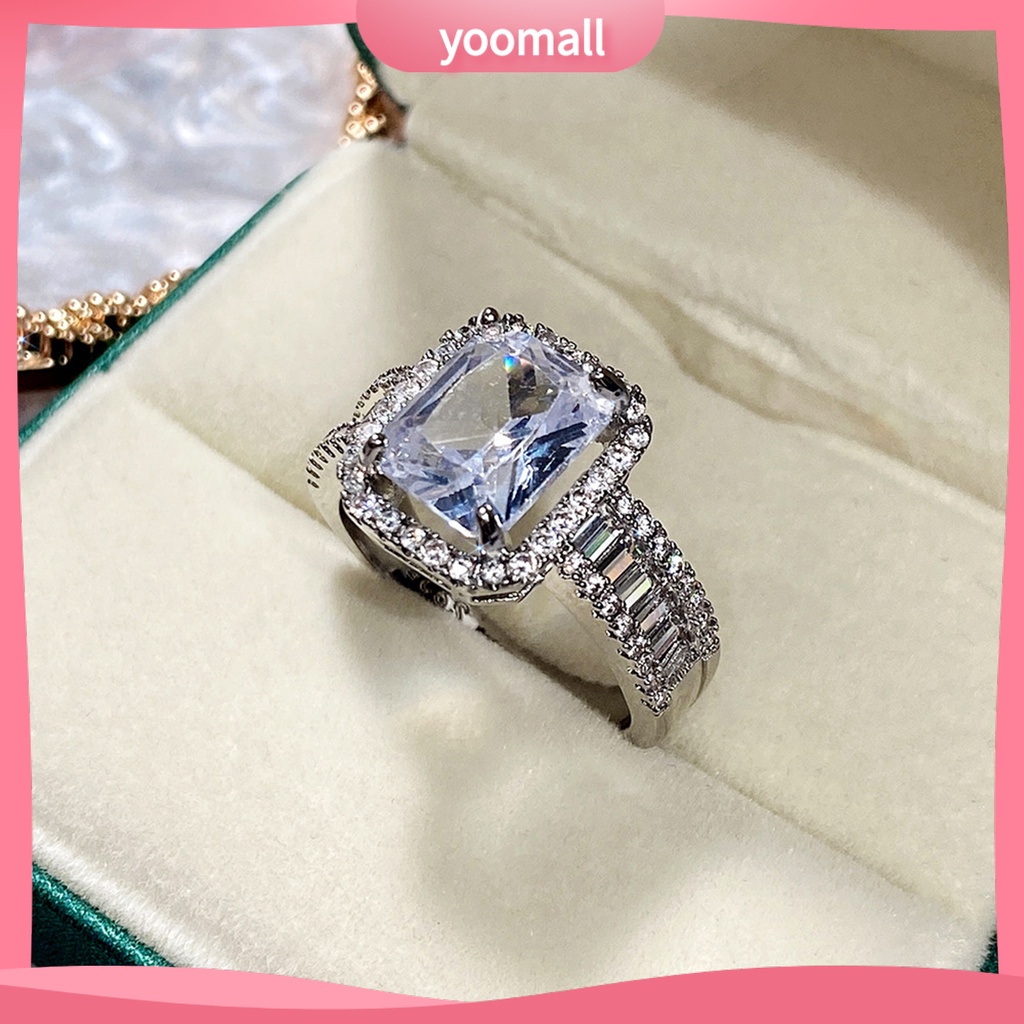 [YM] Nhẫn Cưới Bản Rộng Đính Đá Zircon Hình Vuông Lấp Lánh Không Gây Dị Ứng Trang Trí Phong Cách Phương Tây Cho Nữ
