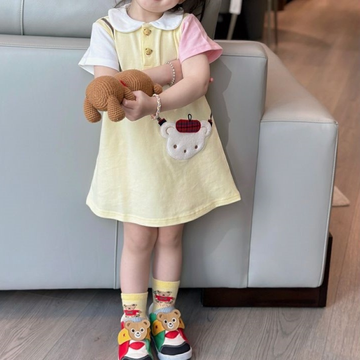 Đầm Thêu Hình Gấu Màu Macaron Phong Cách Hàn Quốc Dễ Thương Thời Trang Mùa Hè Cho Bé Gái