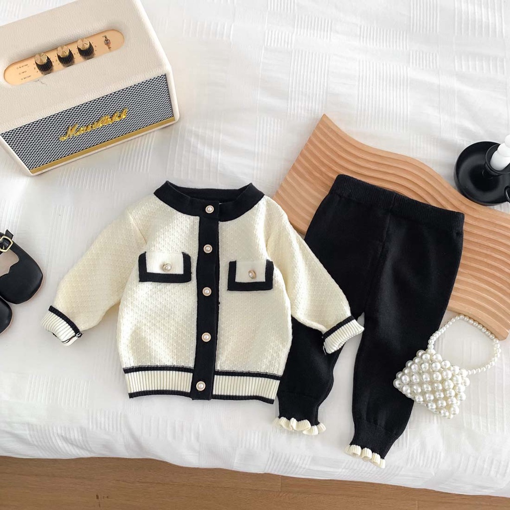 Áo Khoác Cardigan Dệt Kim Có Túi Giả Phong Cách Hàn Quốc + Quần Dài Nấm Mép Dễ Thương Cho Bé Chơi Ngoài Trời