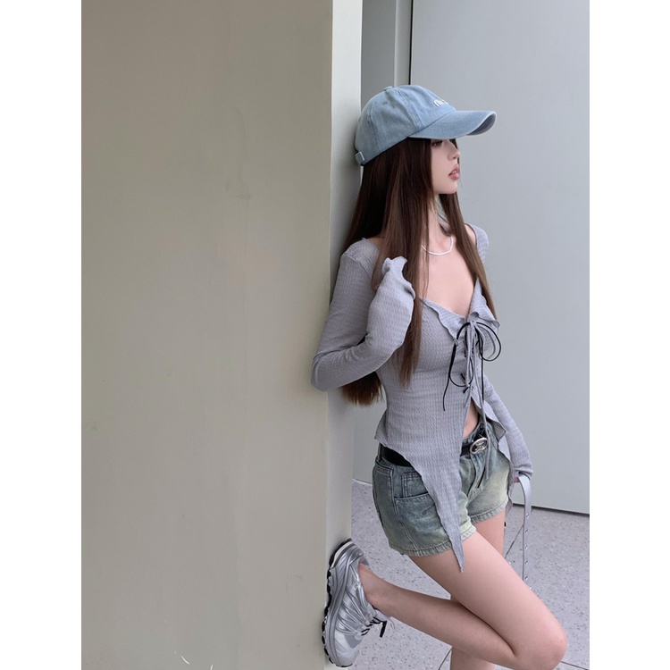 Áo Thun Tay Dài Chống Nắng Cổ Chữ V Thiết Kế Không Đồng Đều Thời Trang Mù