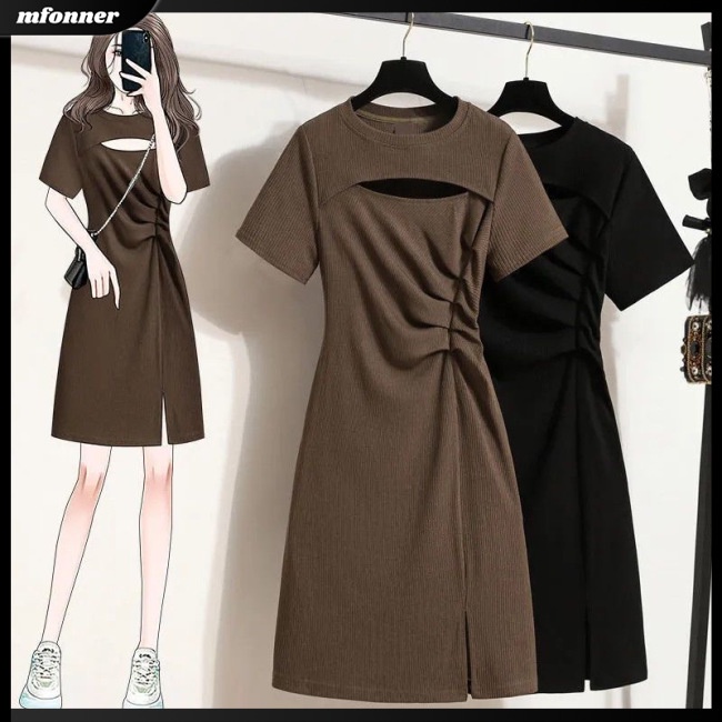 Đầm Thun Tay Ngắn Cổ Tròn Màu Trơn Thiết Kế Khoét Lỗ Thời Trang Dự Tiệc Cho Nữ