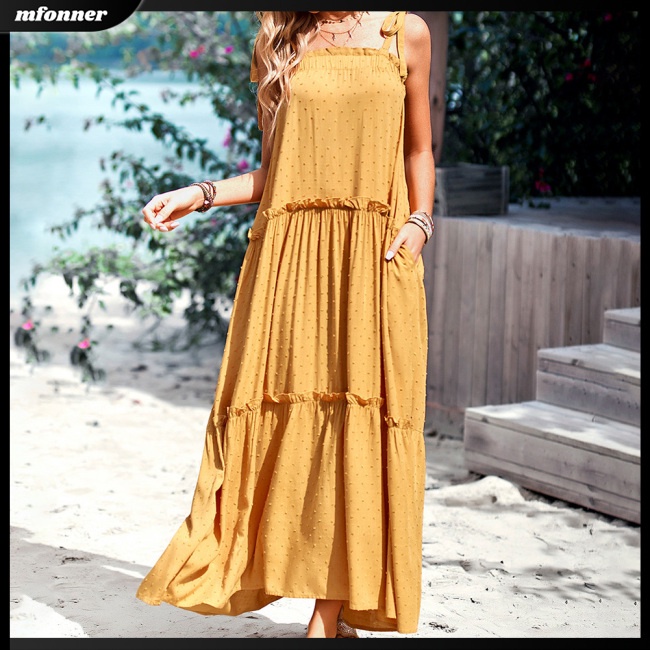 Đầm Dài Hai Dây Không Tay Lưng Cao Màu Sắc Trơn Dành Cho Nữ