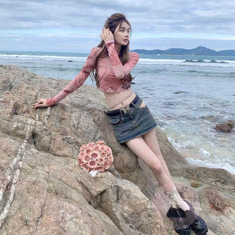 Áo Thun Tay Dài Cổ Tròn In Màu Nhuộm Phối Lưới Thời Trang Cho Nữ