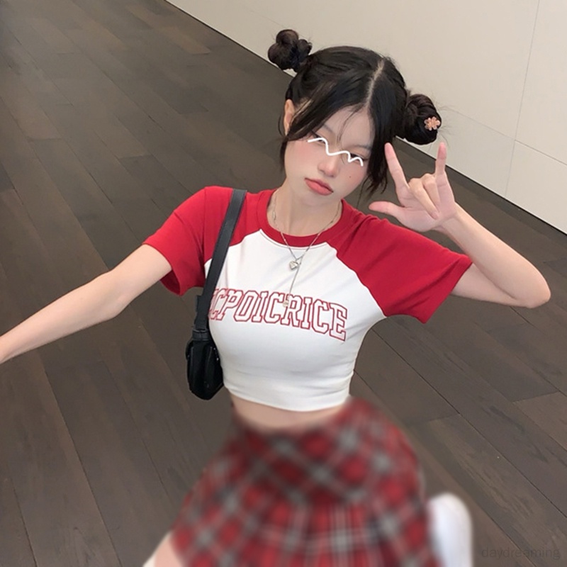 Áo Croptop Cổ Tròn Phong Cách Retro Mỹ Cho Nữ