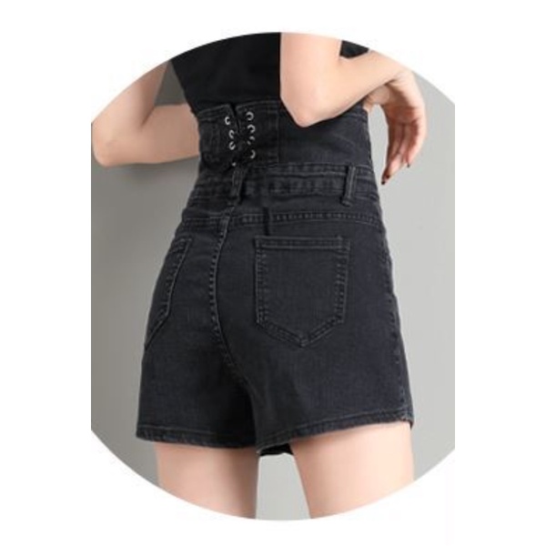 Quần Short Denim Màu Đen Lưng Cao Dáng Chữ a Thời Trang Cho Nữ