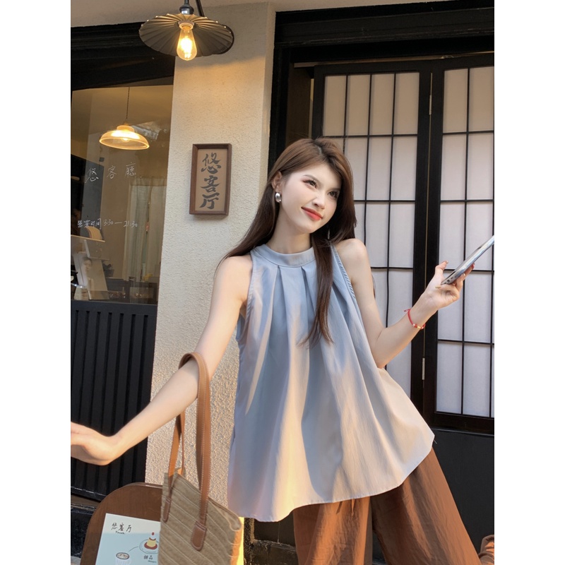 Áo Sơ Mi Không Tay Xếp Ly Đơn Giản Thời Trang Hàn Quốc