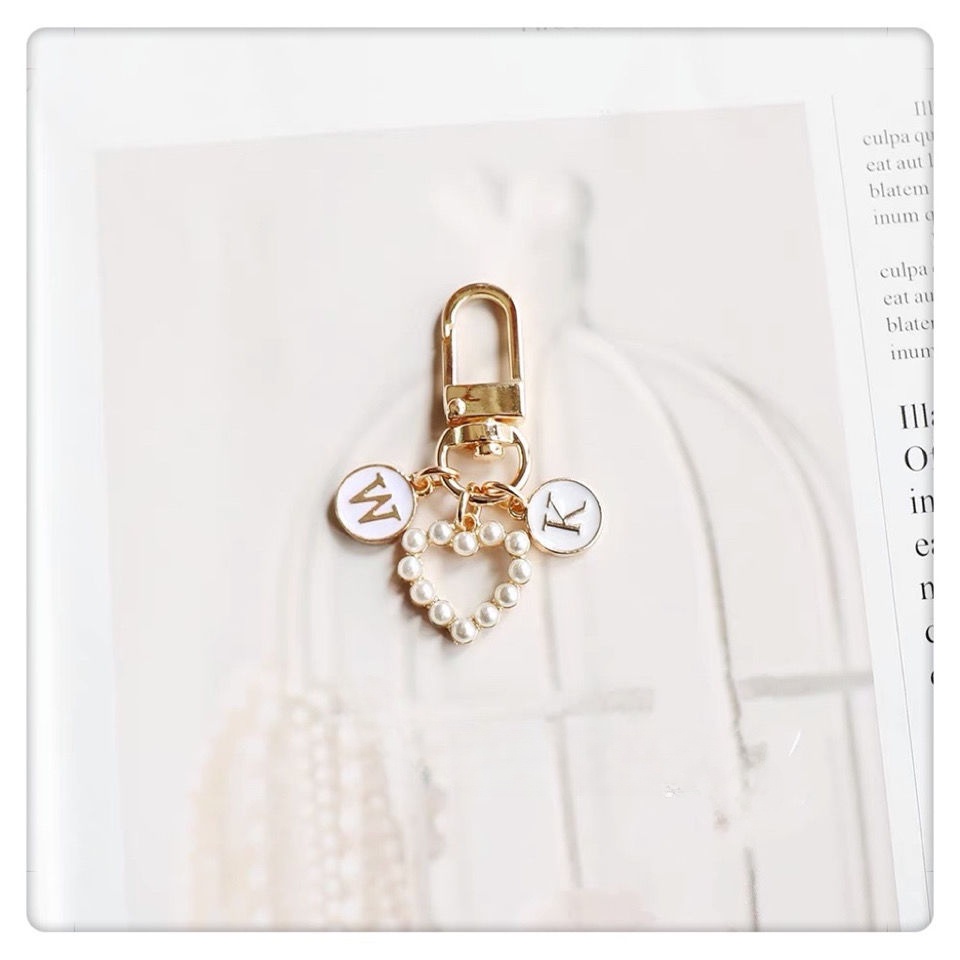 Móc Khóa Hai Mặt Đính Ngọc Trai Hình Trái Tim Cho Cặp Đôi