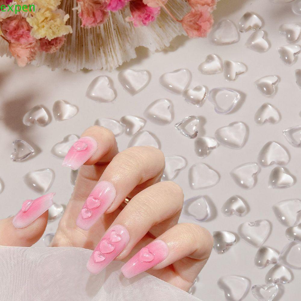 Set 100 Phụ Kiện Trang Trí Móng Tay Trong Suốt Hình Trái Tim 3D DIY
