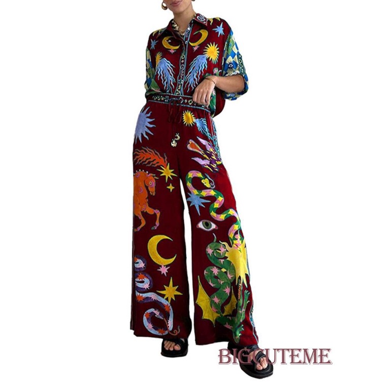 Set Áo Sơ Mi 2 Dây + Quần Dài Cài Nút In Họa Tiết Phong Cách Đường Phố Cá Tính Cho Nữ