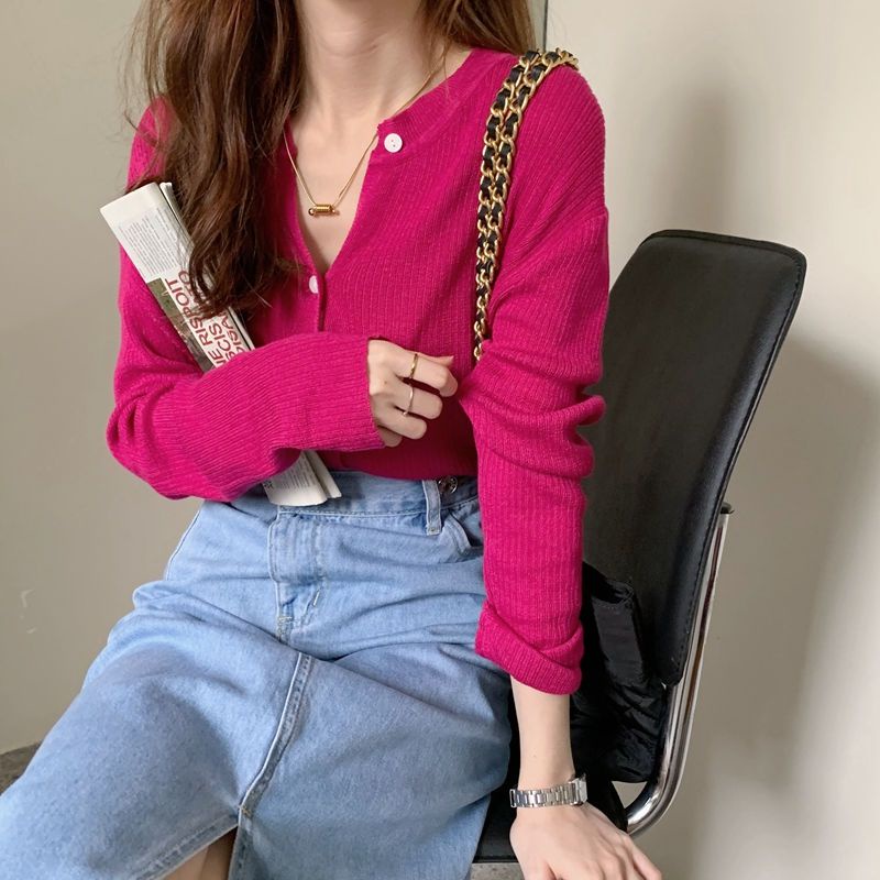 Áo Cardigan Dệt Kim Tay Dài Dáng Rộng Cổ Tròn Họa Tiết Kẻ Sọc Màu Trắng Phong Cách Hàn Quốc Thời Trang Mới Cho Nữ