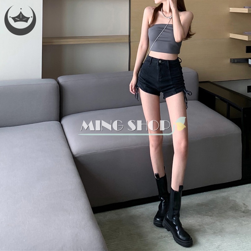 Quần Short Jean Lưng Cao Kiểu Dây Rút Thời Trang Cá Tính Cho Nữ