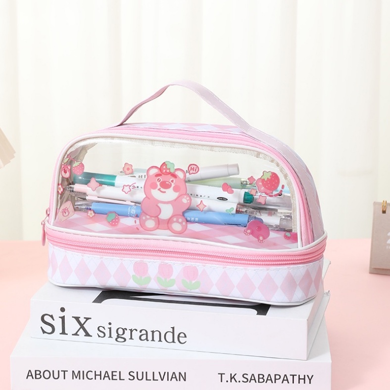 [Hàng Có Sẵn] Túi Đựng Bút Bằng PVC Hai Lớp Sức Chứa Lớn Hình Gấu Dâu Tây Dễ Thương Có Khóa Kéo Cho Học Sinh