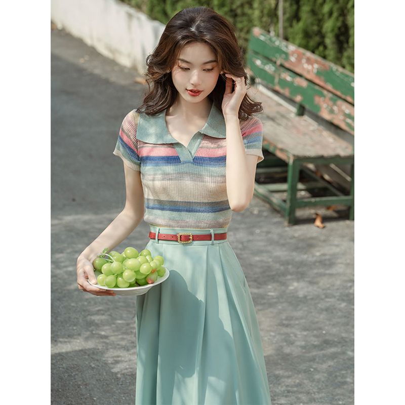Set Áo Thun Ngắn Tay + Chân Váy Dài Thời Trang Nữ