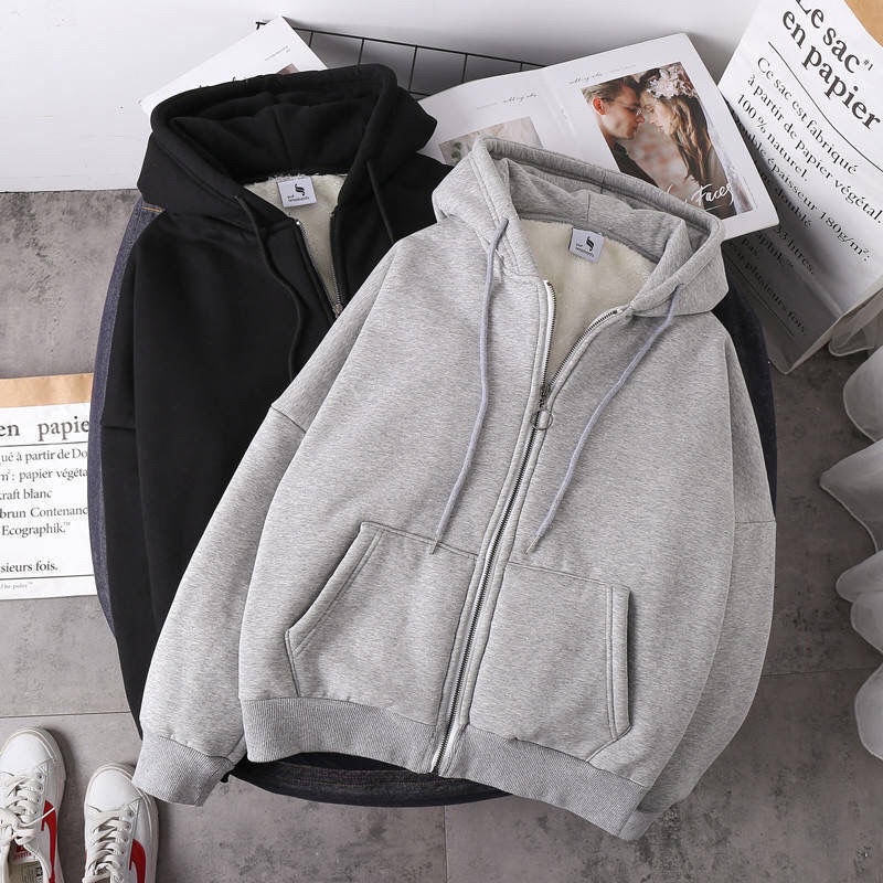 Áo Khoác Hoodie Tay Dài Dáng Rộng Có Túi Và Khóa Kéo Thời Trang Mùa Thu Ấm Áp