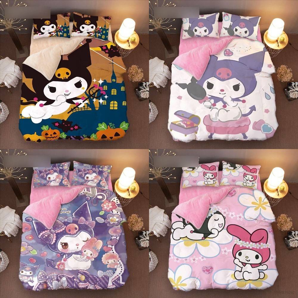 Bộ Chăn Ga Và Vỏ Gối 3 Trong 1 Họa Tiết My Melody Kuromi Xinh Xắn