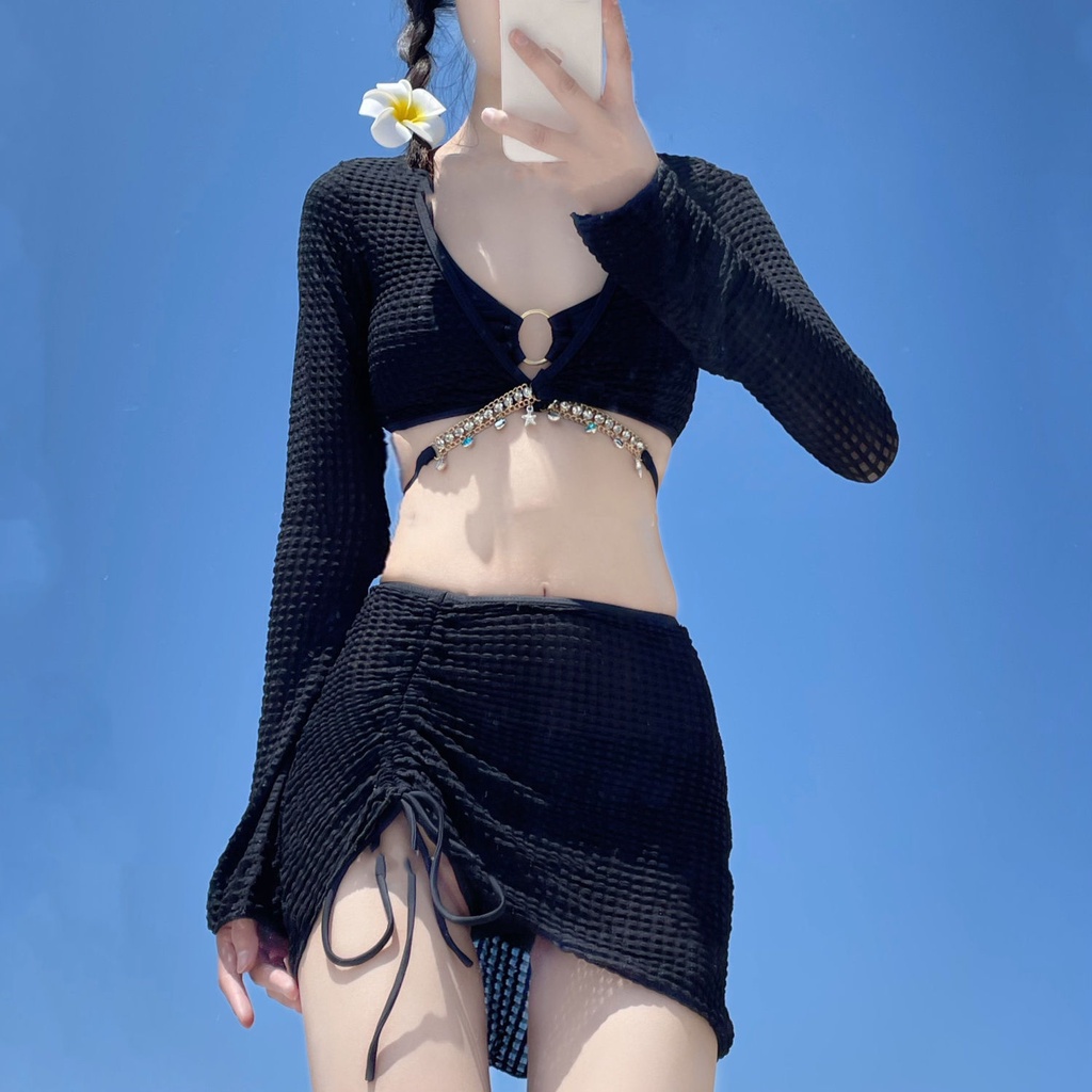 Bộ Đồ Bơi Hai Mảnh Tay Dài Buộc Dây Màu Trơn Phong Cách Thời Trang Mới 2023