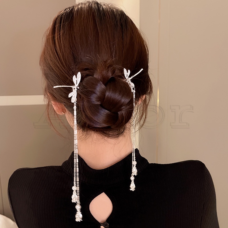 Trâm Cài Tóc Chữ U Hình Chuồn Chuồn Đính Ngọc Trai Nhân Tạo Phối Tua Rua Phong Cách Trung Hoa