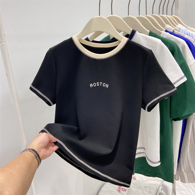 Áo Thun Tay Ngắn Cổ Tròn Thiết Kế Đường Viền Sáng Đơn Giản Phong Cách Phương Tây Cho Nữ