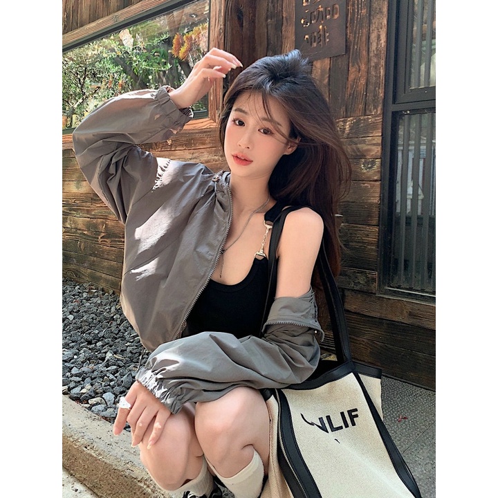 SUXI Áo Khoác Chống Nắng Thể Thao Tay Dài Dáng Rộng Có Mũ Trùm Phối Dây Rút Thời Trang Mùa Hè