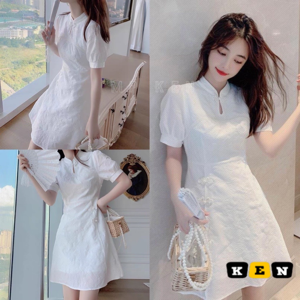 Váy tiểu thư dáng xòe chữ A tay bồng, đầm sườn xám gấm xốp hoa nổi màu trắng đi chơi dự tiệc kỉ yếu ôm body hàn quốc