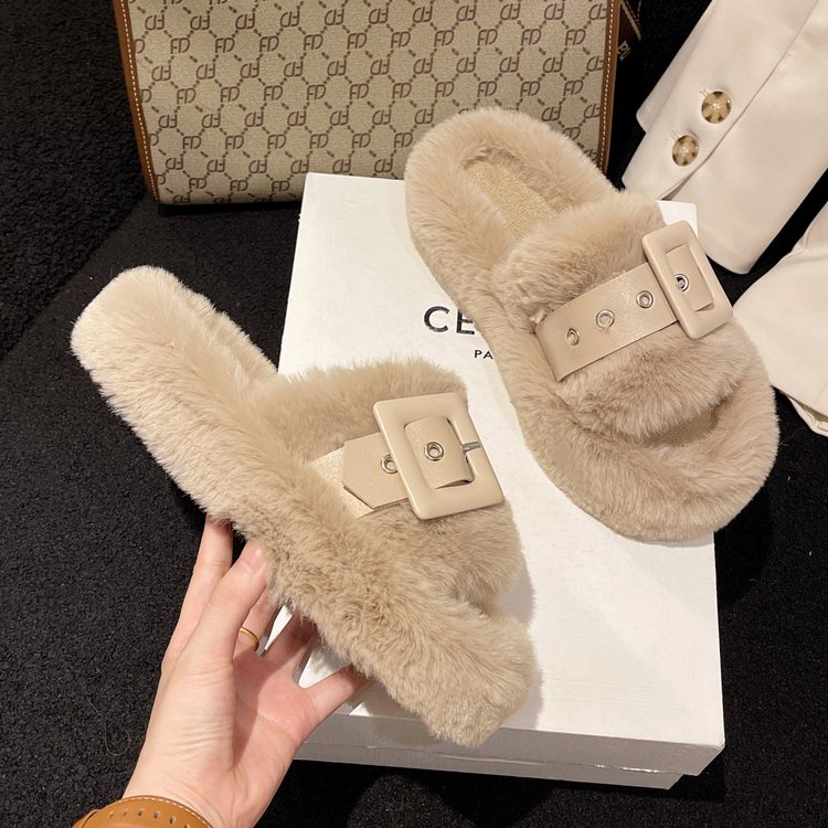 Dép Bông Đi Trong Nhà Dép Cao Su Đi Trong Nhà Đế Bằng Phối Lông Nhân Tạo 3-5cm