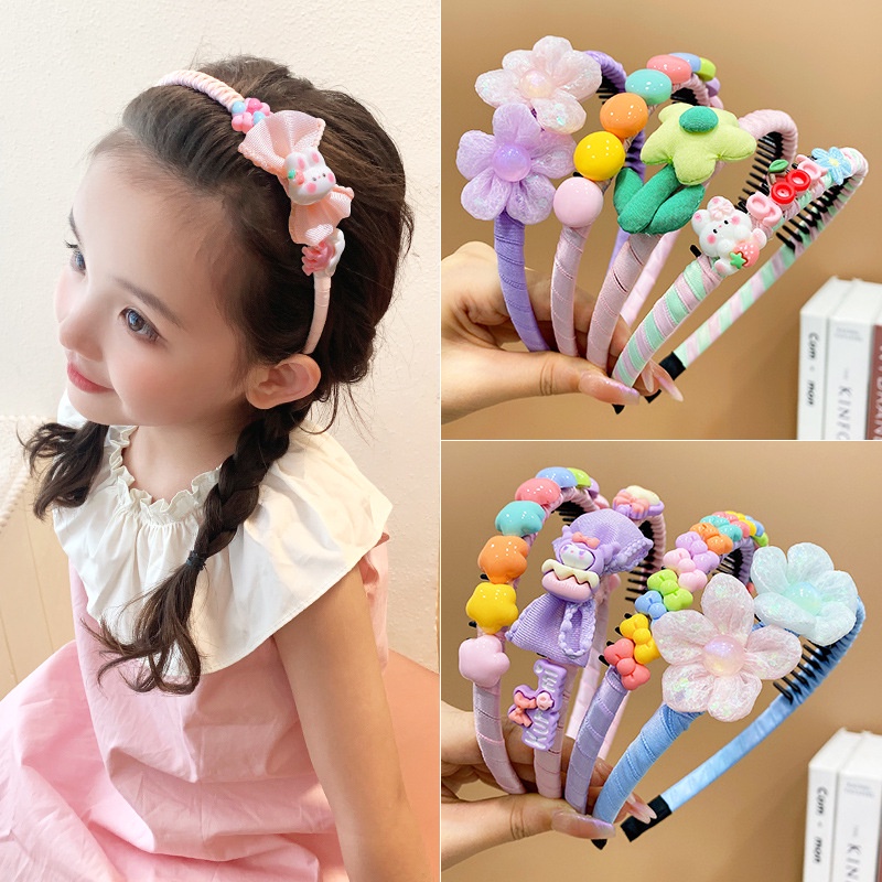 Băng Đô Cài Tóc Chống Trượt Có Răng Dễ phối mùa hè  In Hoa Dễ Thương Cho Bé Gái Mẫu mới