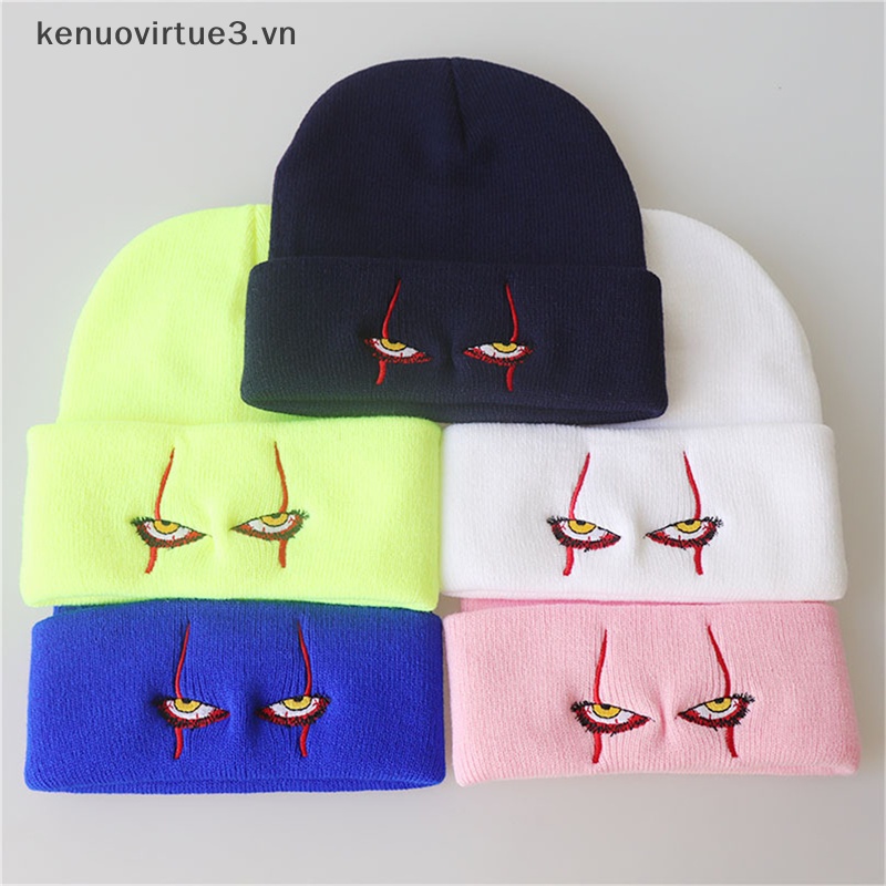 Mũ Len Beanie Dệt Kim Thêu Hình Mắt Hề Kinh Dị Phong Cách Hip hop Ấm Áp Cho Halloween