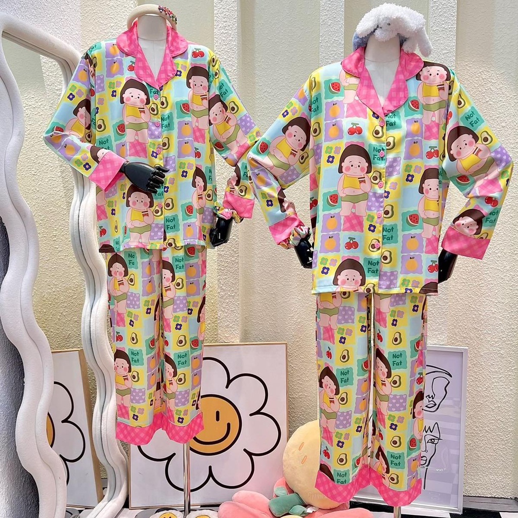 Bộ Pijama quần dài , áo tay dài in hình em bé béo trái cây phối lai caro kèm cột tóc - HN1502