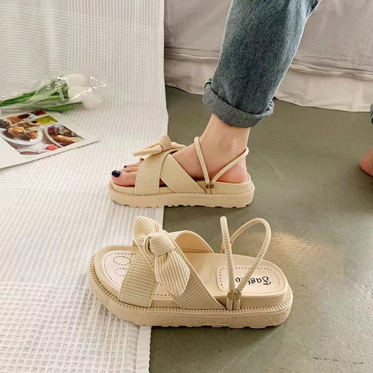 Giày Sandal Đế Dày Hở Mũi Đính Nơ Thời Trang Đi Biển Cho Nữ