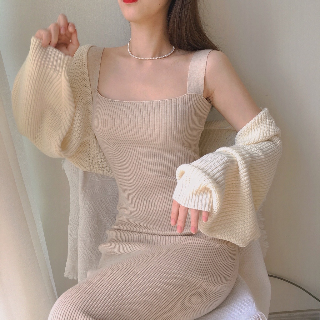 Retro gentle evening wind Morandi color slim-fit hip-wrapped knitted sling dress MC dress QNAO