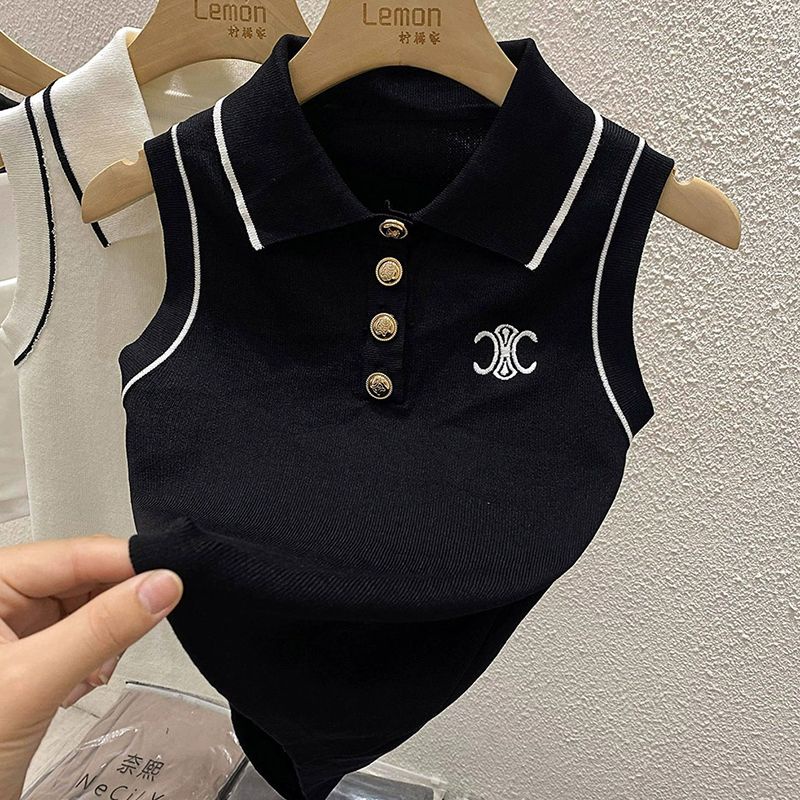 Áo Thun polo Dệt Kim Không Tay Dáng Ôm Thời Trang Mùa Hè Dành Cho Nữ