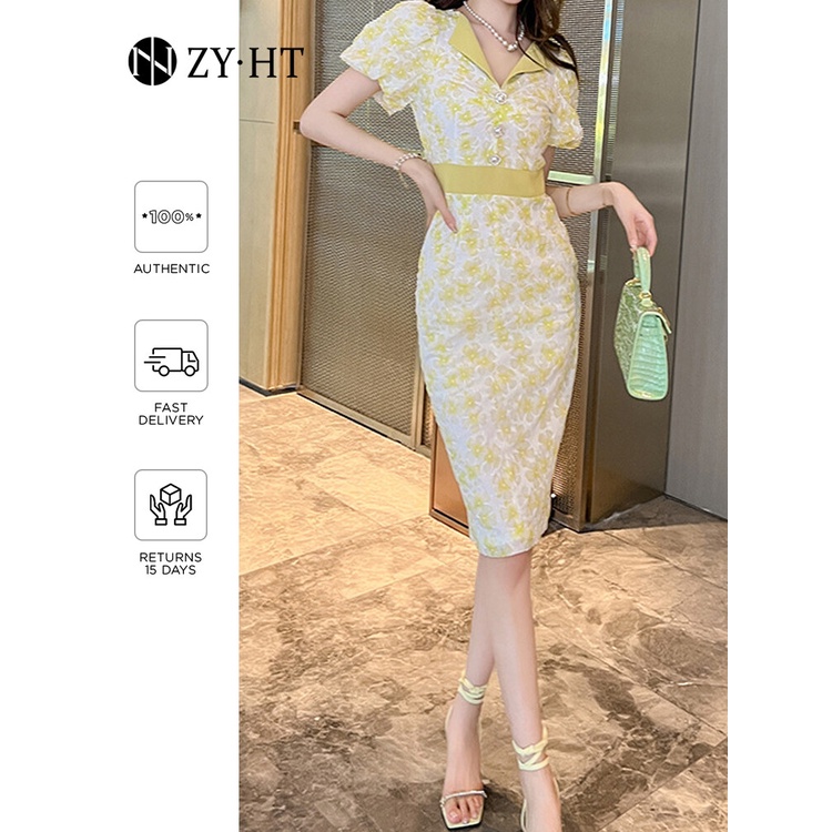 ZYHT Đầm nhỏ tươi thanh lịch in hoa tay áo phồng Đầm xòe hoa20579