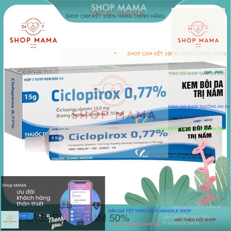 Kem bôi nấm da Ciclopirox 0.77 % VCP (Pirolam Xanh Dương) 15g