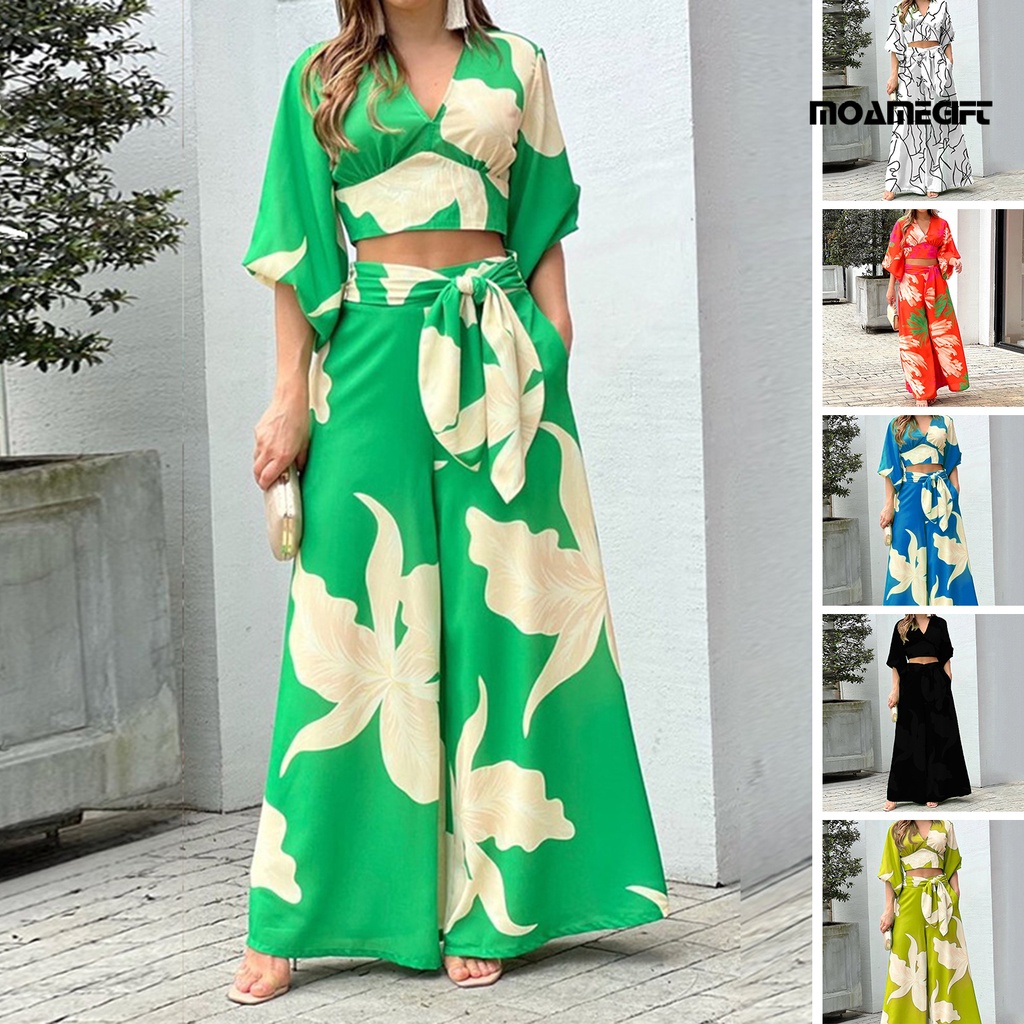 2 cái / bộ v-cổ nửa tay áo túi thắt lưng cao trang phục thường ngày văn phòng quý bà in hoa crop top quần ống rộng bộ thời trang dạo phố