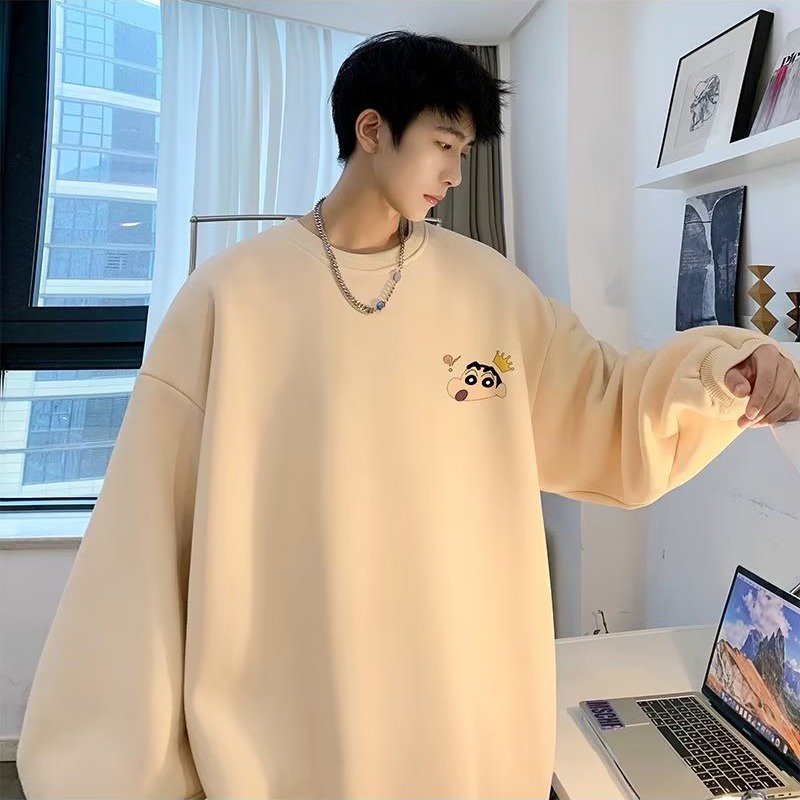 Sweater nam form rộng big size tới 120kg Nhật Bản Cartoon Crayon In ấn Shin Unisex Thời Trang Trẻ Trung