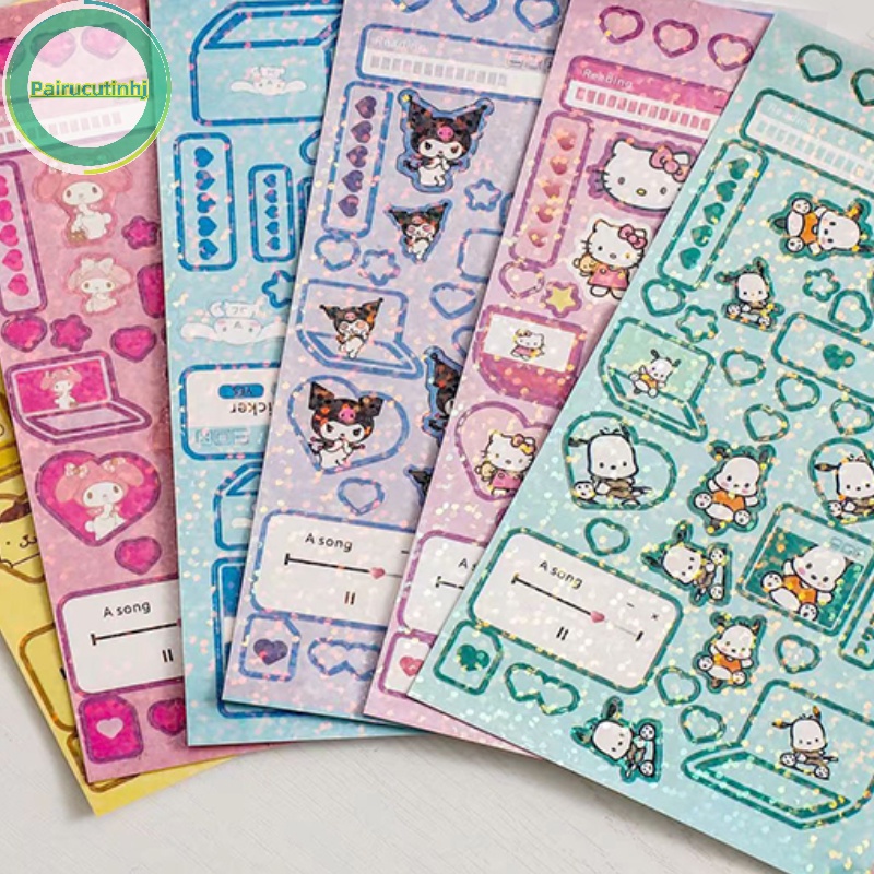 Set 6 Tấm Hình Dán hello kitty melody kuromi hello kitty Màu laser Chống Thấm Nước diy vn