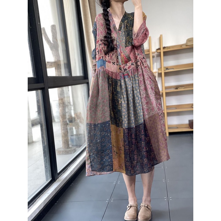 Đầm Cotton Lanh Dáng Dài In Họa Tiết Thời Trang Retro Nhật Bản Cao Cấp Cho Nữ