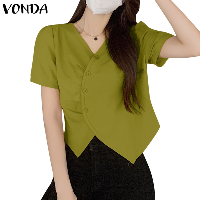 Áo VONDA xếp ly không đều tay phồng cổ chữ V phong cách Hàn Quốc thời trang dành cho nữ