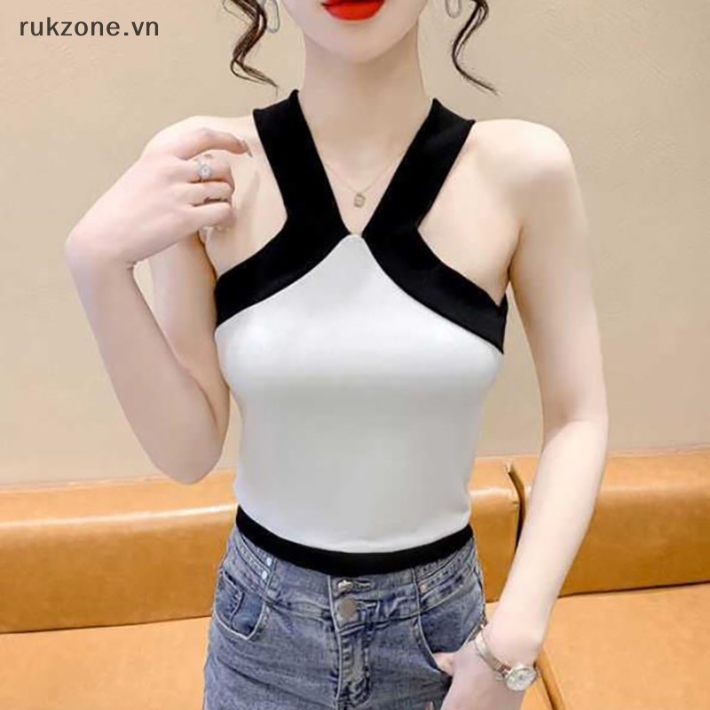 Zon mùa hè tương phản màu Áo hai dây dệt kim phụ nữ sexy không tay mỏng trên cùng ig