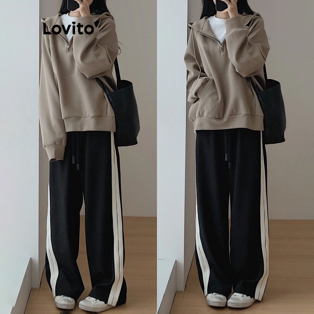 Áo hoodie Lovito nỉ trùm đầu dây rút khóa kéo màu trơn thường ngày cho nữ LNE15062 (màu nâu)