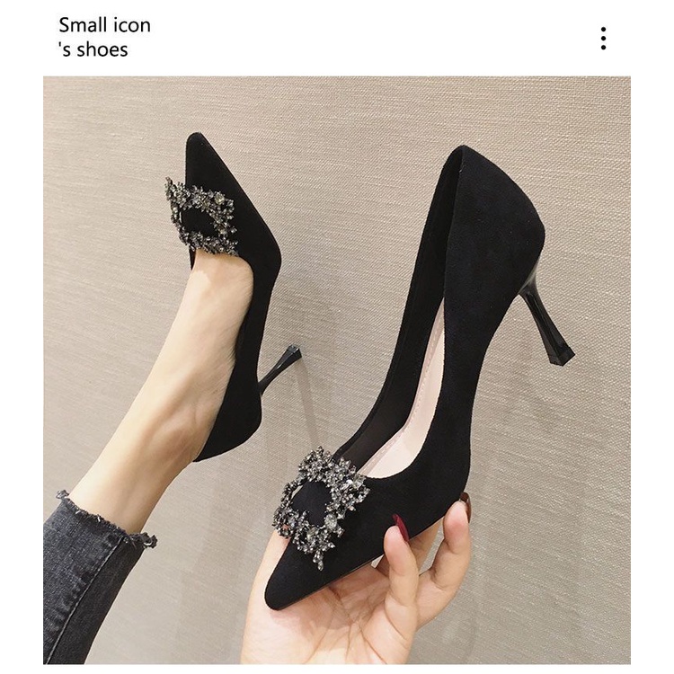 Giày Cao Gót Mũi Nhọn Phối Khóa Vuông Đính Đá Phong Cách Pháp Thời Trang Mới 2023