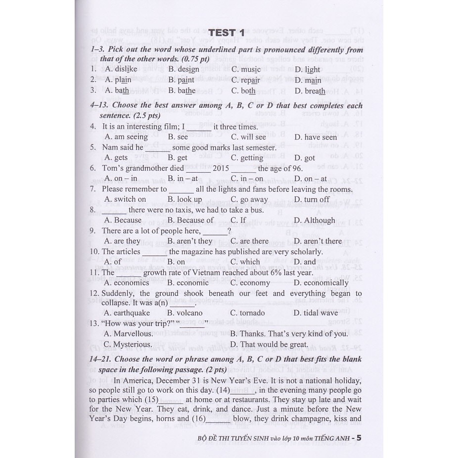 Sách - Bộ đề thi tuyển sinh vào lớp 10 môn Tiếng Anh .