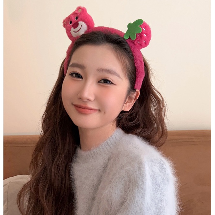 Cài tóc tai gấu lotso hồng dâu tây phủ lông nhung xinh xắn dành cho nữ TB11