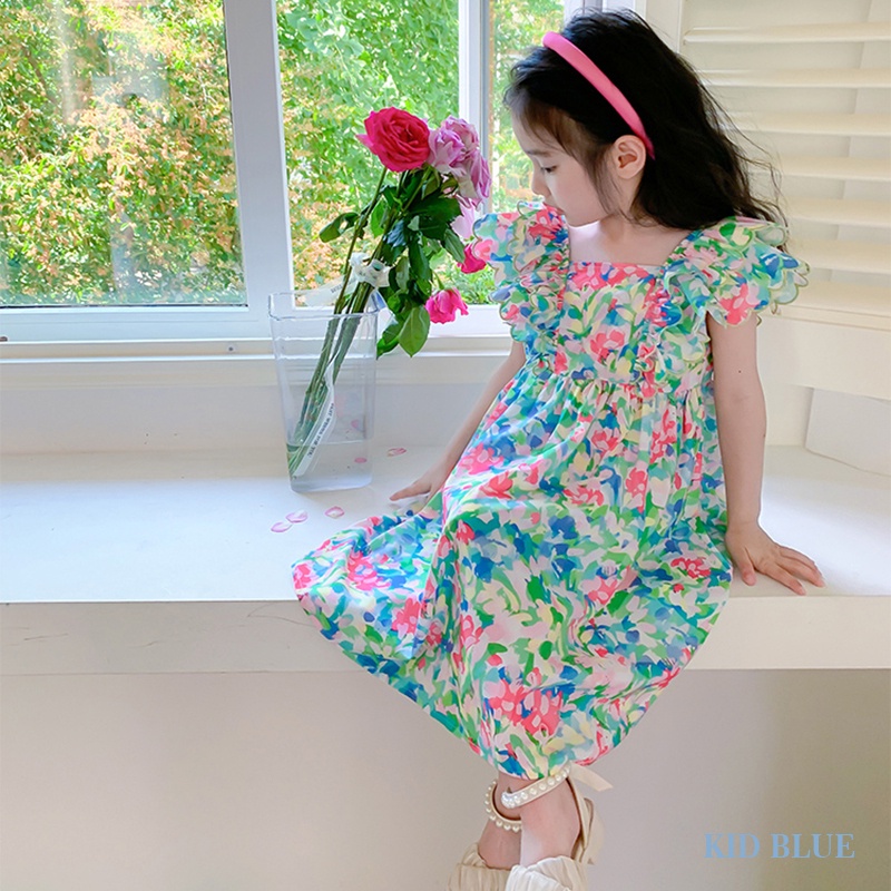 Phiên bản hàn quốc cô gái mùa hè cổ vuông ren tay áo xếp nếp váy hoa