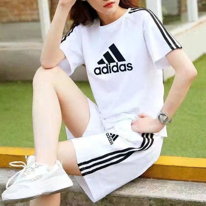 Hàng sẵn sàngBộ đồ thể thao thông thường mùa hè dành cho nam và nữ three-bar sportswear couple running short-sleeved shorts two-pie