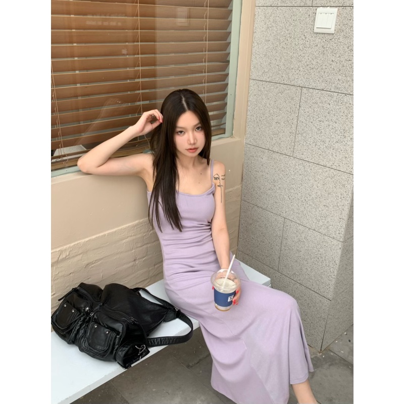 「Nonfatgirl」Tinh khiết mong muốn ngọt ngào phong cách cay màu tím quyến rũ mỏng-vừa vặn mỏng hơn nhìn dài sling dress sling slit a-line váy mỏng vai dây đeo sling dress sling dài