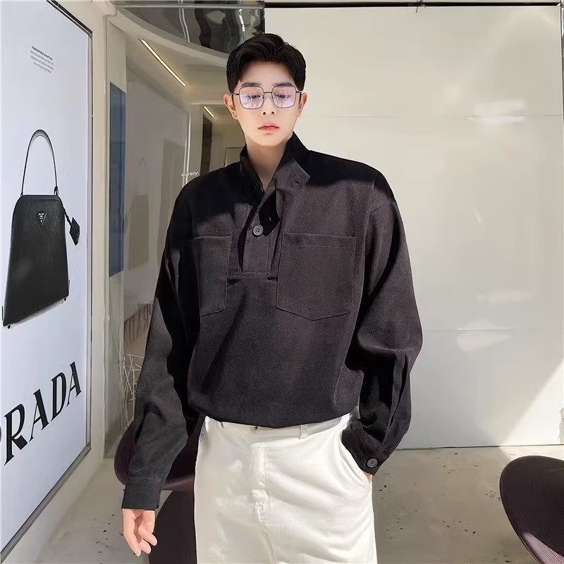 Thiết kế phong cách trưởng thành nhẹ quần áo nam giới high-end stand-up collar áo sơ mi nam mặc bên trong mùa xuân thu nhà tạo mẫu tóc đường phố mặc áo sơ mi niche