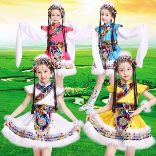 Trẻ em trang phục biểu diễn trang phục trẻ em cô gái tây tạng mẫu giáo nước tay áo biểu diễn trang phục dân tộc mông cổ