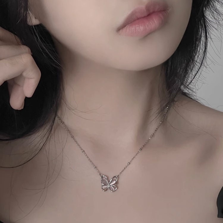 Màu hồng ngọt ngào opal bướm vòng cổ thời trang chuỗi thép không gỉ cổ áo chuỗi vòng cổ trang trí cho phụ nữ